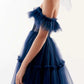 A-Line Prom Dresses Elegant Dress Wedding Guest Floor Length Short Sleeve Off Shoulder Tulle with Pleats