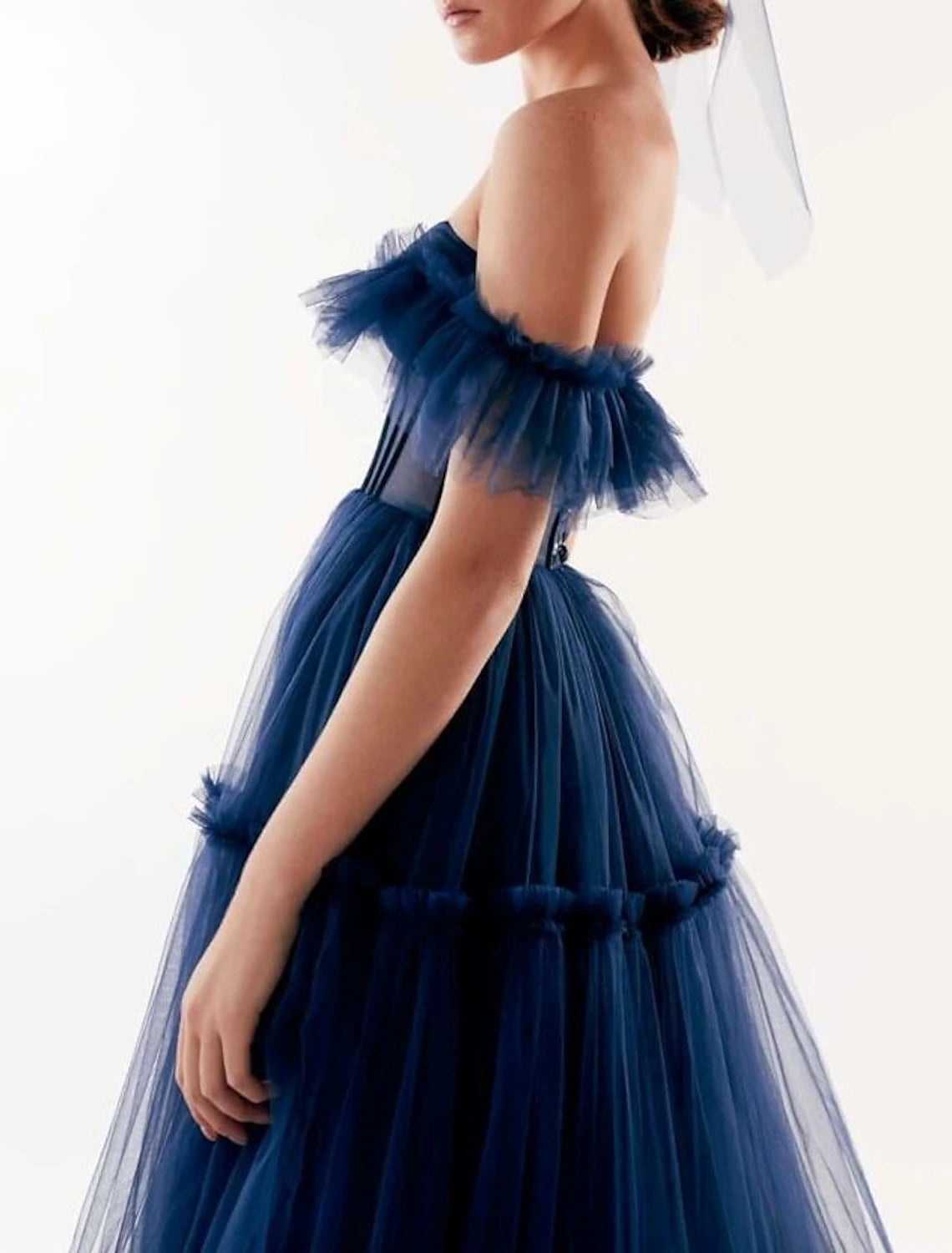 A-Line Prom Dresses Elegant Dress Wedding Guest Floor Length Short Sleeve Off Shoulder Tulle with Pleats