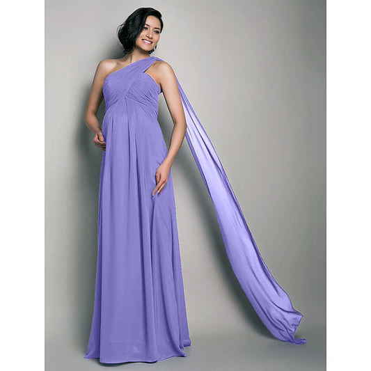 Sheath / Column Bridesmaid Dress One Shoulder Sleeveless Maternity Watteau Train / Floor Length Chiffon with Criss Cross