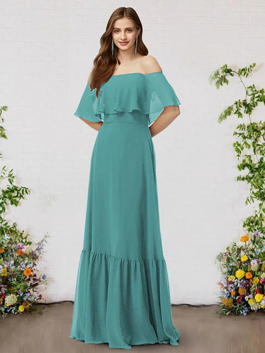 A-Line Bridesmaid Dress Off Shoulder Sleeveless Elegant Floor Length Chiffon