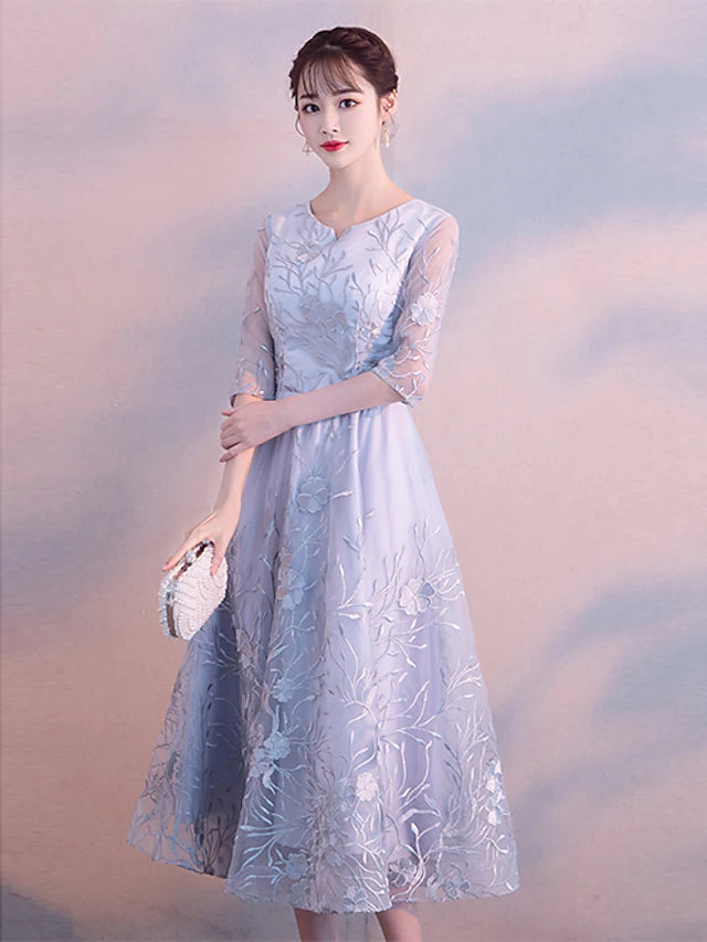 Elegant Cocktail Party Prom Dress Jewel Neck 3/4 Length Sleeve Tea Length Lace with Lace Insert Pattern / Print Appliques