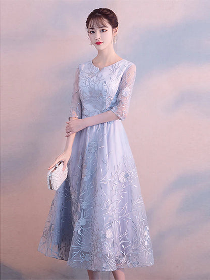 Elegant Cocktail Party Prom Dress Jewel Neck 3/4 Length Sleeve Tea Length Lace with Lace Insert Pattern / Print Appliques