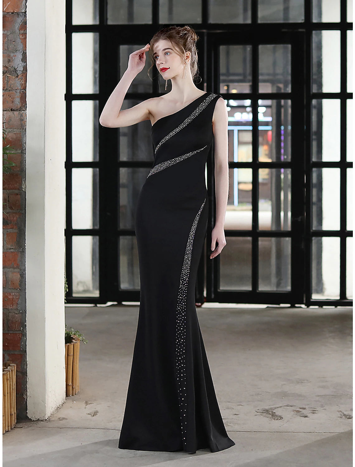 Mermaid / Trumpet Evening Gown Sexy Dress Wedding Guest Floor Length Sleeveless One Shoulder Stretch Satin