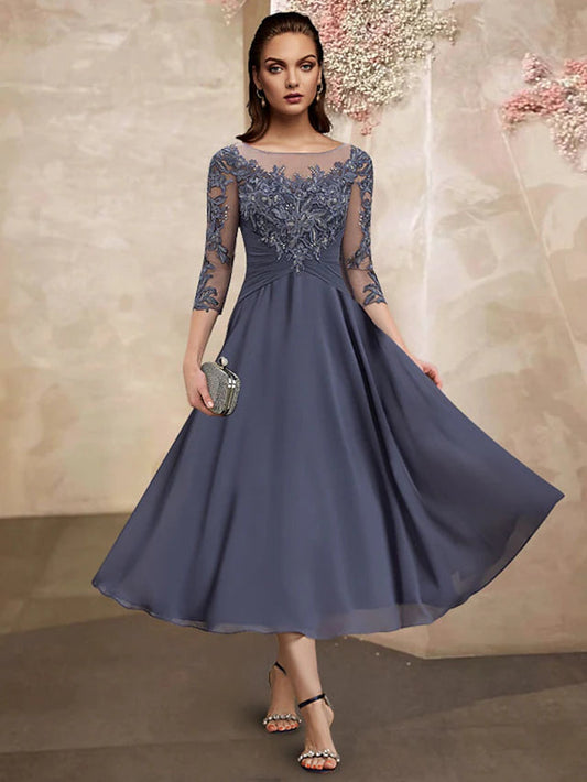 A-Line Mother of the Bride Dress Plus Size Elegant Jewel Neck Tea Length Chiffon Lace Short Sleeve with Ruched Sequin