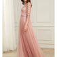 A-Line Evening Gown Spring Dress Party Wear Formal Evening Sweep / Brush Train Long Sleeve Jewel Neck Lace