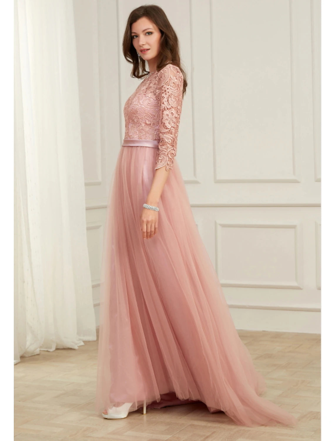 A-Line Evening Gown Spring Dress Party Wear Formal Evening Sweep / Brush Train Long Sleeve Jewel Neck Lace