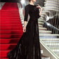 A-Line Black Dress Vintage Wedding Guest Formal Evening Floor Length 3/4 Length Sleeve Jewel Neck Velvet