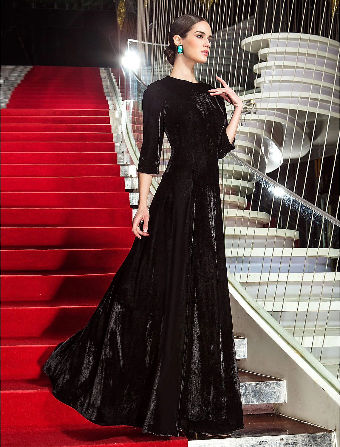 A-Line Black Dress Vintage Wedding Guest Formal Evening Floor Length 3/4 Length Sleeve Jewel Neck Velvet