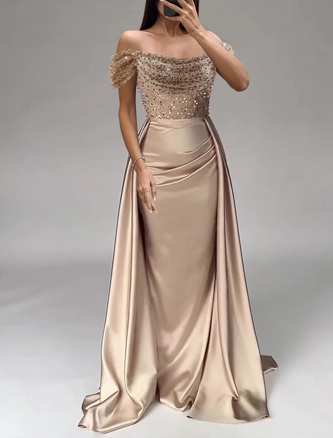 Mermaid / Trumpet Evening Gown Party Dress Wedding Prom Floor Length Short Sleeve Off Shoulder Satin with Pearls Sequin