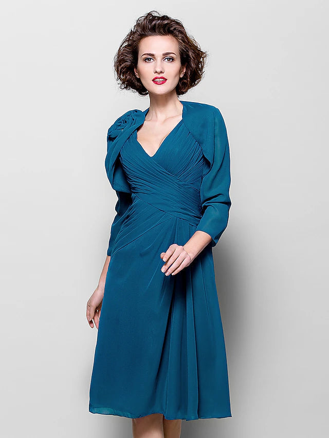 A-Line Mother of the Bride Dress Wrap Included V Neck Knee Length Chiffon 3/4 Length Sleeve with Criss Cross Side Draping