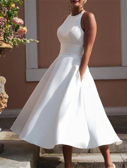 Reception Little White Dresses Wedding Dresses A-Line Halter Neck Sleeveless Tea Length Satin Bridal Gowns