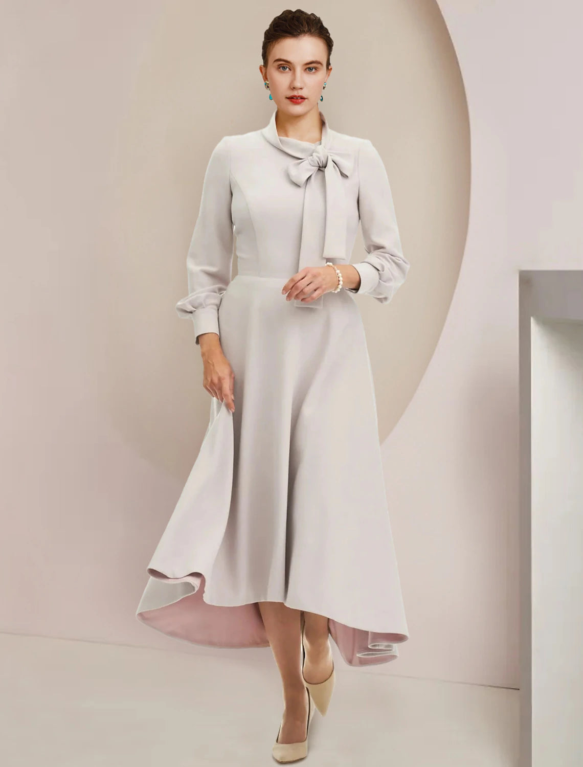 A-Line Mother of the Bride Dress Formal Wedding Guest Party Elegant High Neck Asymmetrical Tea Length Stretch Chiffon Long Sleeve