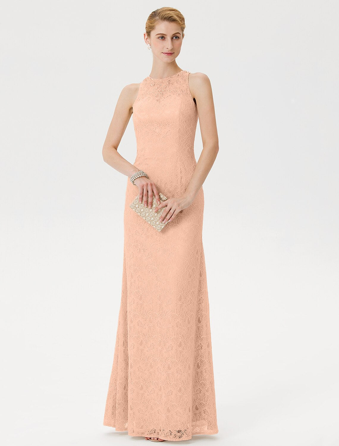 Sheath / Column Mother of the Bride Dress Elegant See Through Illusion Neck Floor Length Lace Sleeveless with Crystals