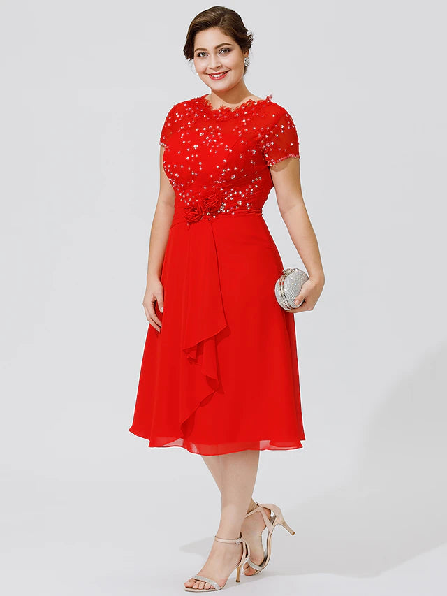 A-Line Mother of the Bride Dress Elegant & Luxurious Beautiful Back Plus Size Jewel Neck Knee Length Chiffon Beaded Lace Short Sleeve No with Pleats Beading