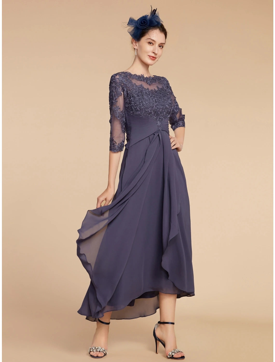 A-Line Mother of the Bride Dress Wedding Guest Elegant Scoop Neck Ankle Length Chiffon Lace 3/4 Length Sleeve