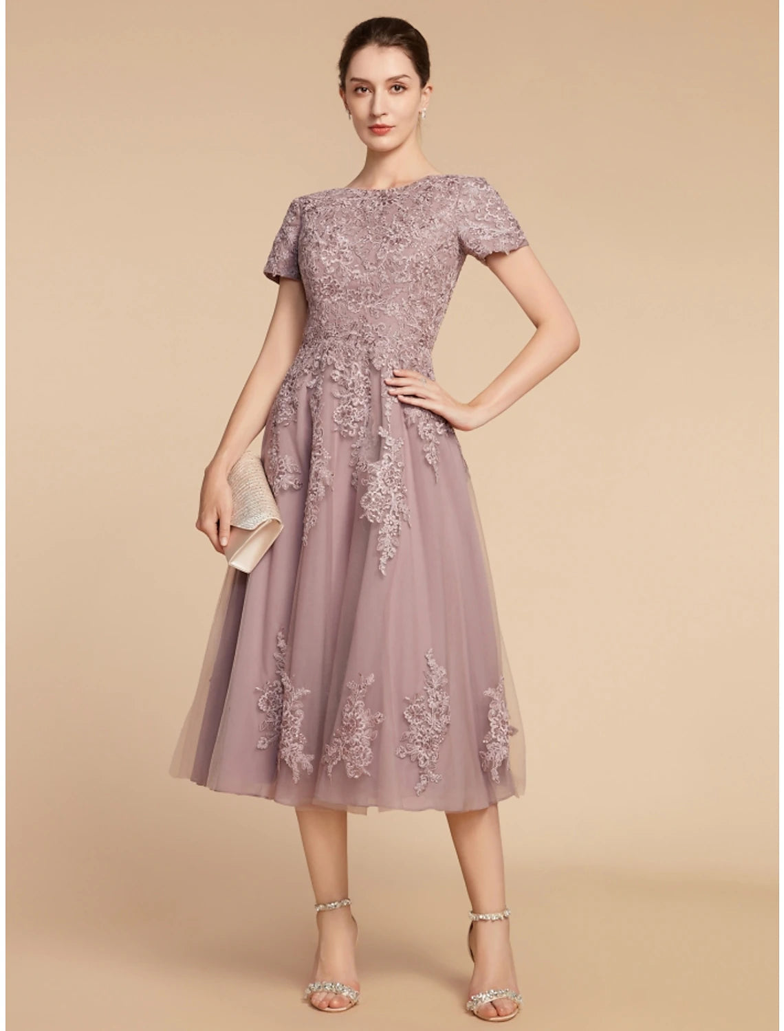 A-Line Mother of the Bride Dress Wedding Guest Elegant Petite Jewel Neck Tea Length Lace Tulle Short Sleeve