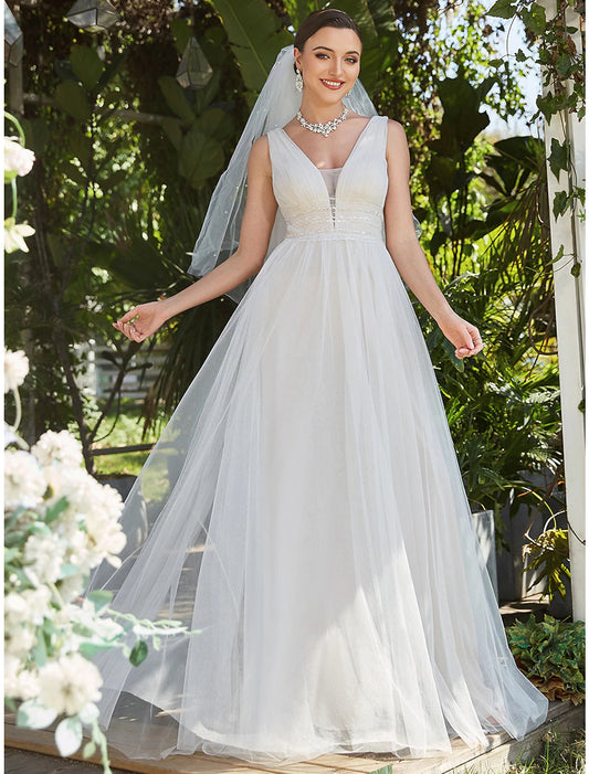 Reception Casual Wedding Dresses A-Line V Neck Sleeveless Sweep / Brush Train Tulle Bridal Gowns With Lace