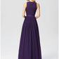 A-Line Prom Dresses Maxi Dress Wedding Guest Floor Length Sleeveless Jewel Neck Chiffon with Pleats