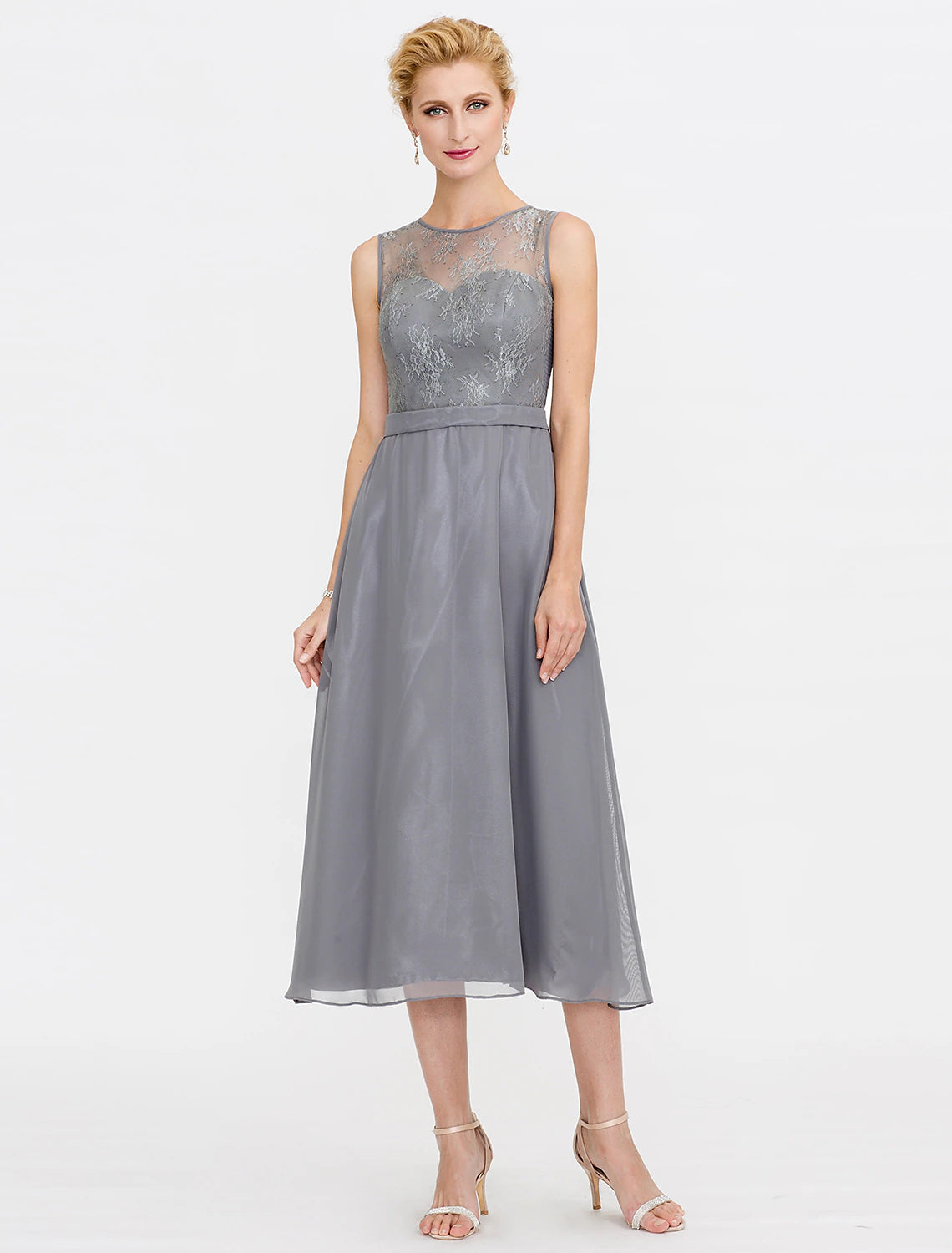 A-Line Mother of the Bride Dress Fall Wedding Guest Dresses Plus Size Elegant Illusion Neck Tea Length Chiffon Corded Lace Sleeveless Wrap Included with Lace