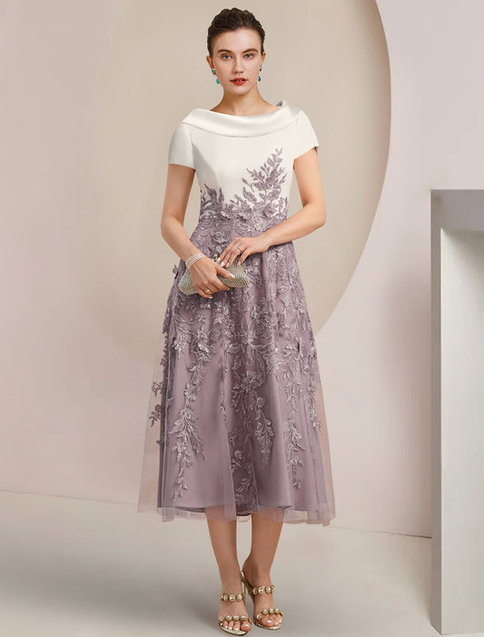 A-Line Mother of the Bride Dress Formal Wedding Guest Elegant Scoop Neck Tea Length Satin Lace Short Sleeve with Sequin Appliques Color