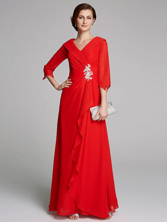 A-Line Mother of the Bride Dress Elegant V Neck Floor Length Chiffon Half Sleeve with Pleats