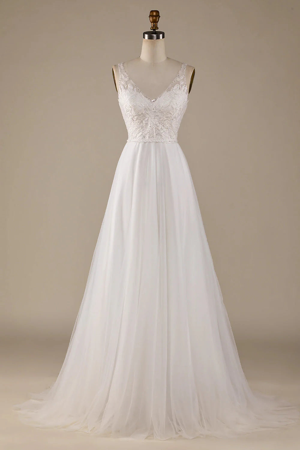 V-Neck Tulle Sweep Train Wedding Dress with Lace Pure Color