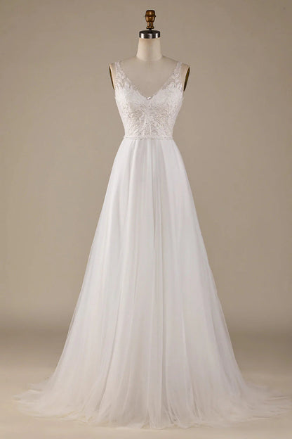 V-Neck Tulle Sweep Train Wedding Dress with Lace Pure Color