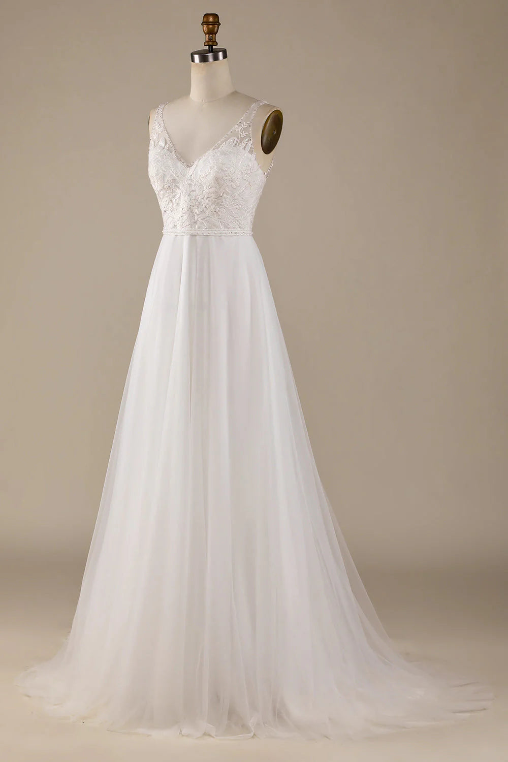 V-Neck Tulle Sweep Train Wedding Dress with Lace Pure Color