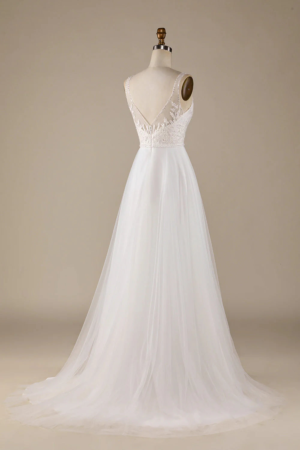 V-Neck Tulle Sweep Train Wedding Dress with Lace Pure Color