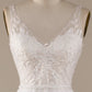 V-Neck Tulle Sweep Train Wedding Dress with Lace Pure Color
