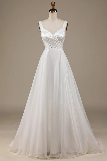 Neck Sweep Train Wedding Dress Pure Color
