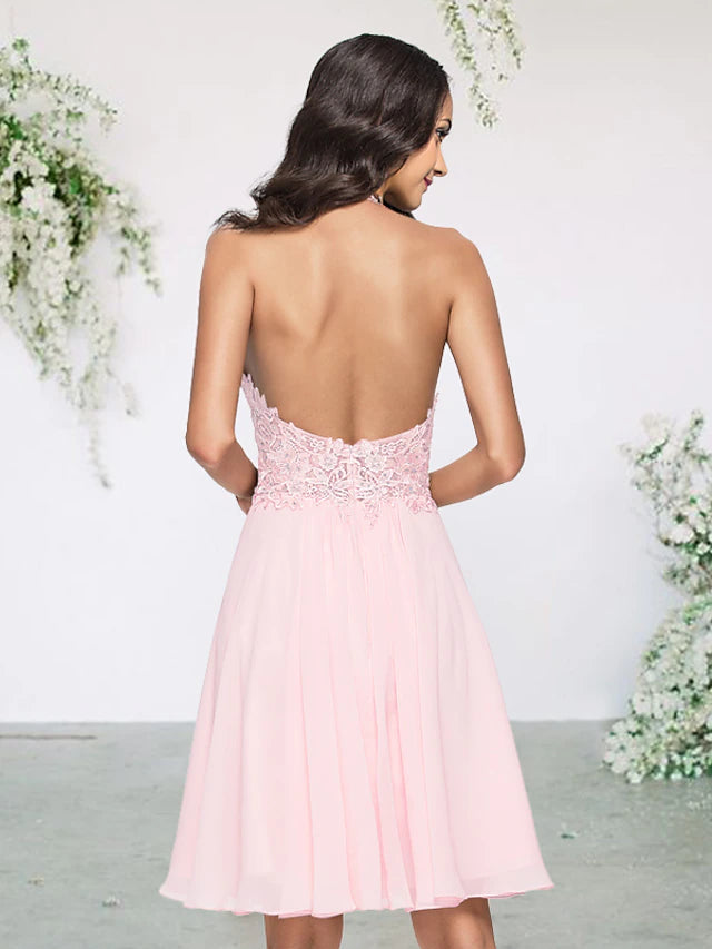 A-Line Bridesmaid Dress Halter Neck Sleeveless Sexy Short / Mini Chiffon / Lace with Pleats