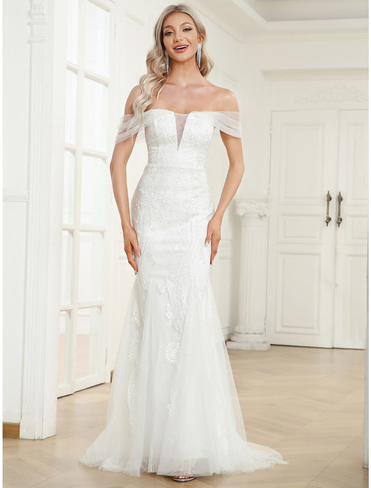 Reception Wedding Dresses Mermaid / Trumpet Off Shoulder Cap Sleeve Sweep / Brush Train Lace Bridal Gowns
