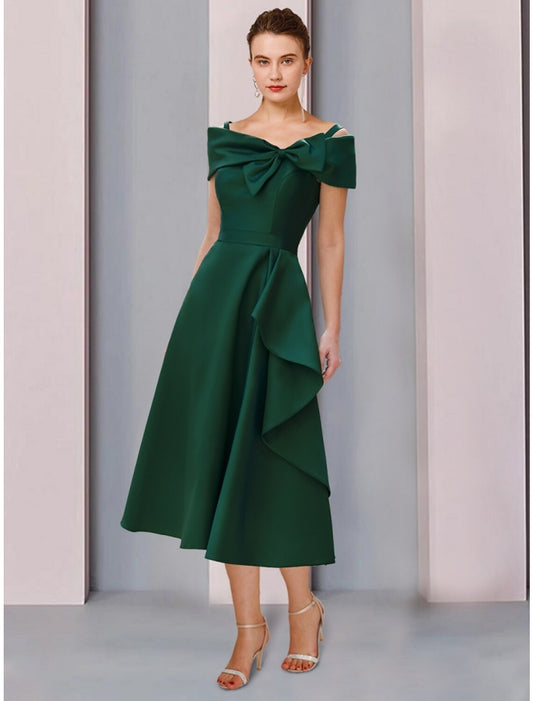 A-Line Mother of the Bride Dress Wedding Guest Elegant Off Shoulder Tea Length Satin Short Sleeve with Bow(s)