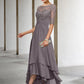 A-Line Mother of the Bride Dress Plus Size Elegant High Low Jewel Neck Asymmetrical Ankle Length Chiffon Lace Half Sleeve