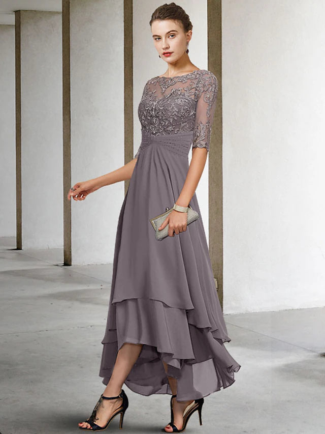 A-Line Mother of the Bride Dress Plus Size Elegant High Low Jewel Neck Asymmetrical Ankle Length Chiffon Lace Half Sleeve