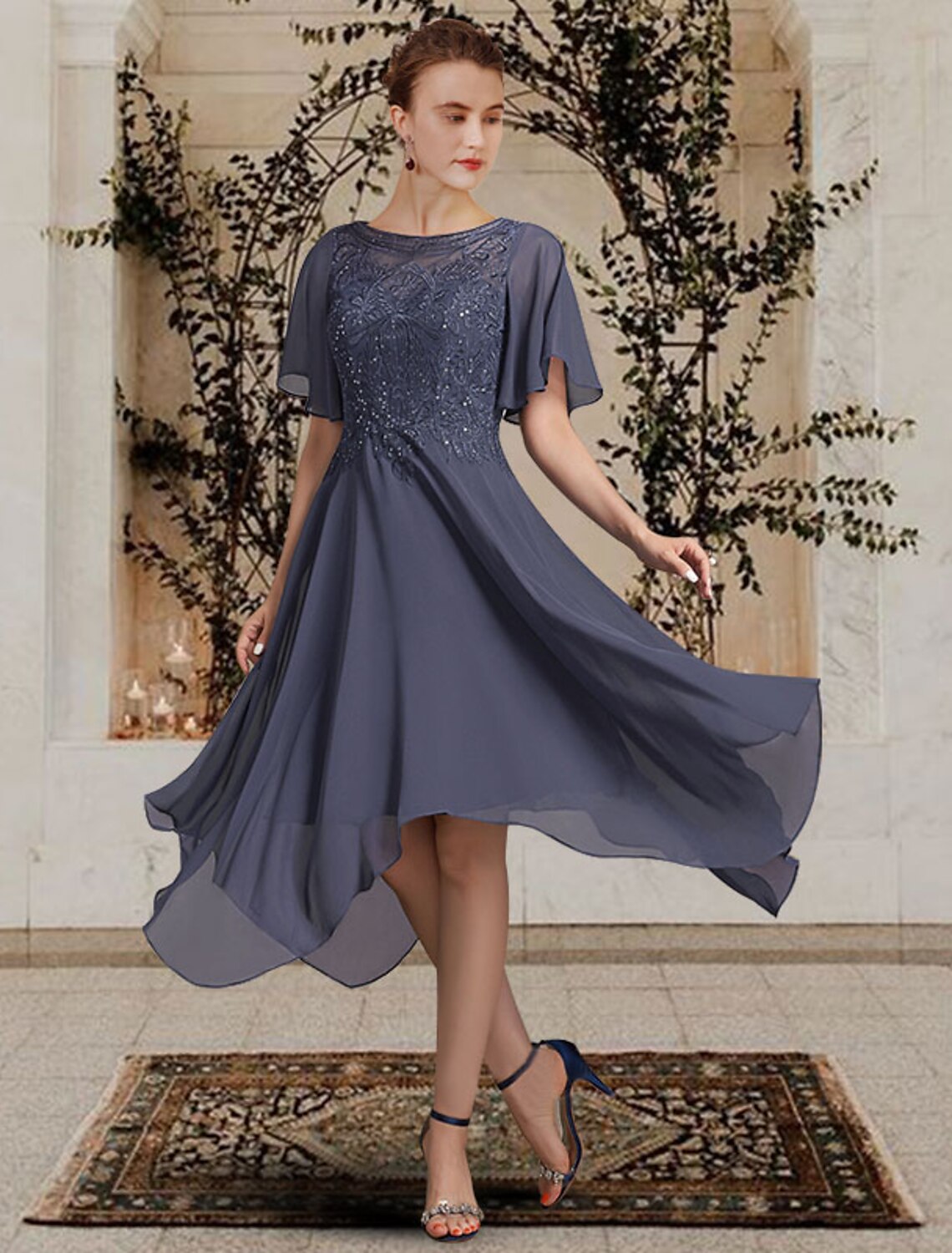 A-Line Mother of the Bride Dress Elegant High Low Jewel Neck Asymmetrical Tea Length Chiffon Lace Short Sleeve