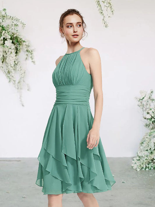 A-Line Bridesmaid Dress Jewel Neck Sleeveless Elegant Short / Mini Chiffon with Pleats / Cascading