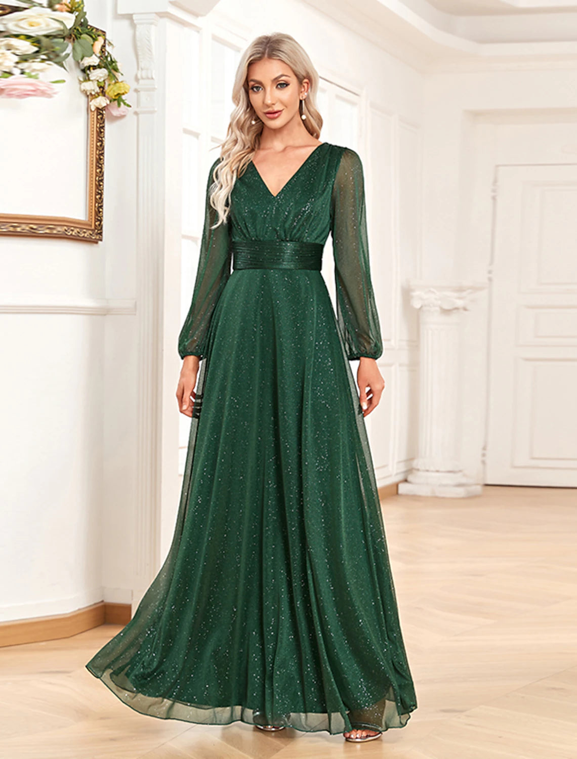 A-Line Evening Gown Elegant Dress Formal Floor Length Long Sleeve V Neck Chiffon