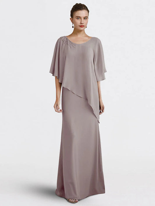 Sheath / Column Mother of the Bride Dress Plus Size Elegant V Neck Floor Length Chiffon Half Sleeve