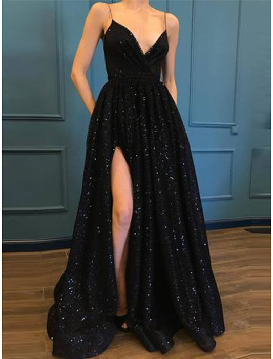 A-Line Prom Dresses Glittering Dress Party Wear Floor Length Sleeveless V Neck Sequined