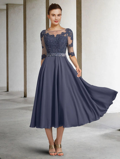 A-Line Mother of the Bride Dress Luxurious Elegant Jewel Neck Tea Length Chiffon Lace Tulle Half Sleeve with Crystals