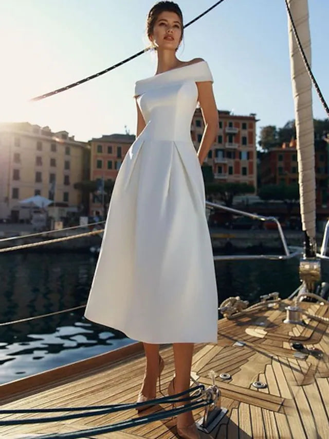 A-Line Minimalist Holiday Cocktail Party Dress Off Shoulder Short Sleeve Ankle Length