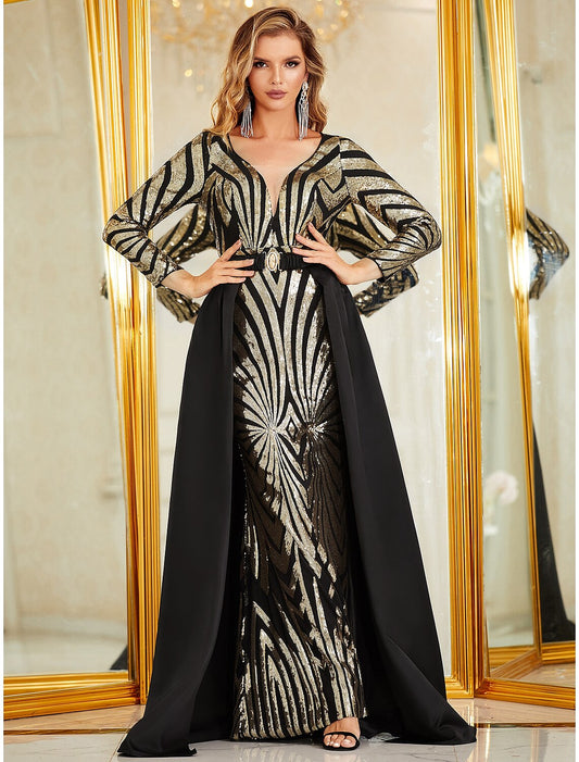 Mermaid / Trumpet Evening Gown Sparkle & Shine Dress Formal Floor Length Long Sleeve V Neck Detachable Polyester with Sequin