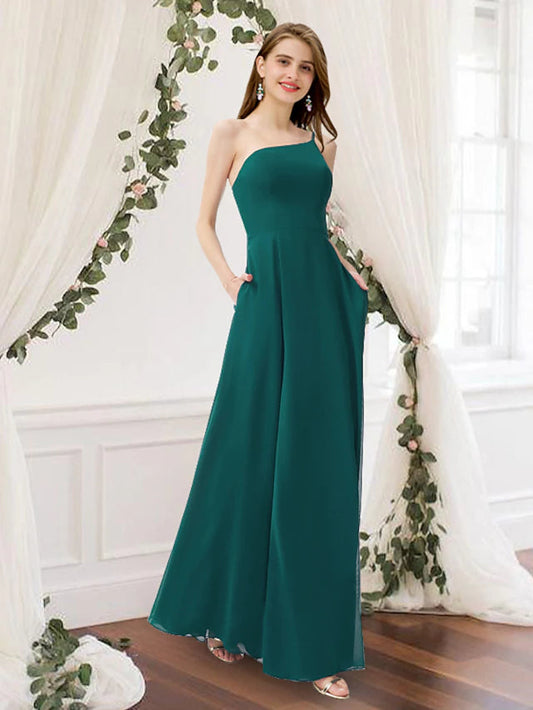 A-Line Bridesmaid Dress One Shoulder Sleeveless Elegant Floor Length Chiffon