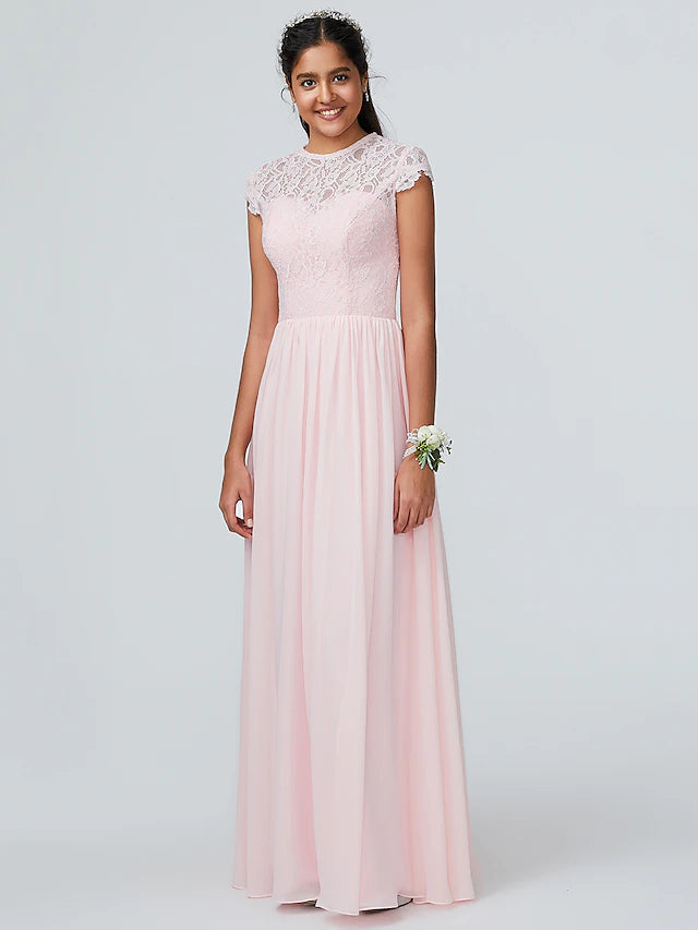 A-Line Bridesmaid Dress Jewel Neck Sleeveless Elegant Floor Length Chiffon with Lace Sparkle & Shine