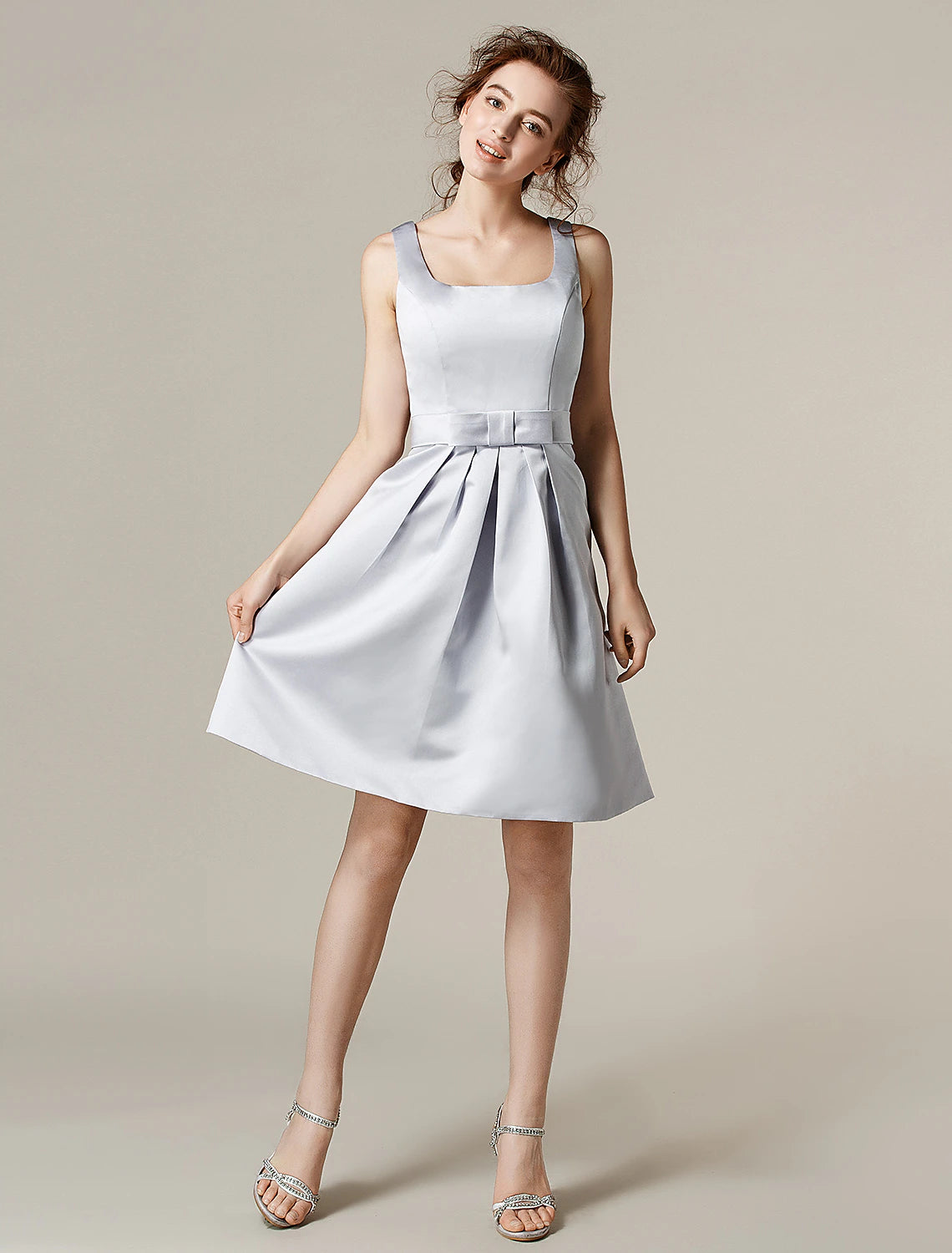 A-Line Bridesmaid Dress Square Neck Sleeveless Knee Length Satin with Sash / Ribbon