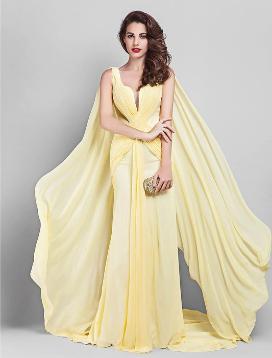 Sheath / Column Elegant Dress Wedding Guest Prom Court Train Sleeveless Plunging Neck Georgette V Back with Criss Cross Side