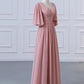 A-Line Bridesmaid Dress V Neck Half Sleeve Elegant Floor Length Chiffon with Pleats