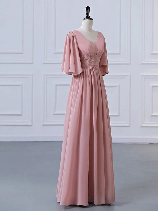 A-Line Bridesmaid Dress V Neck Half Sleeve Elegant Floor Length Chiffon with Pleats